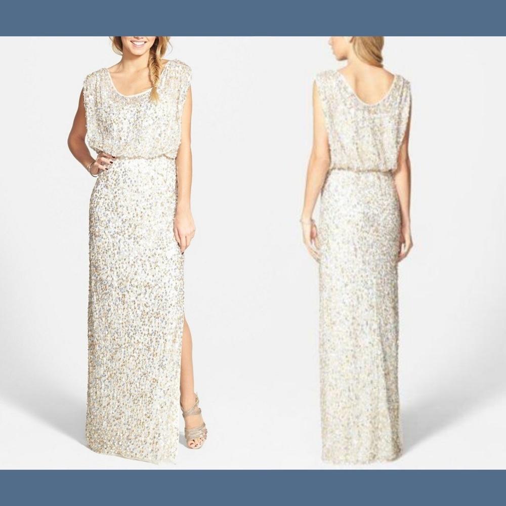 NWT‎ JS Collections Blouson Bodice Sequin Mesh Gown in Gold/Silver [SZ 4 ]